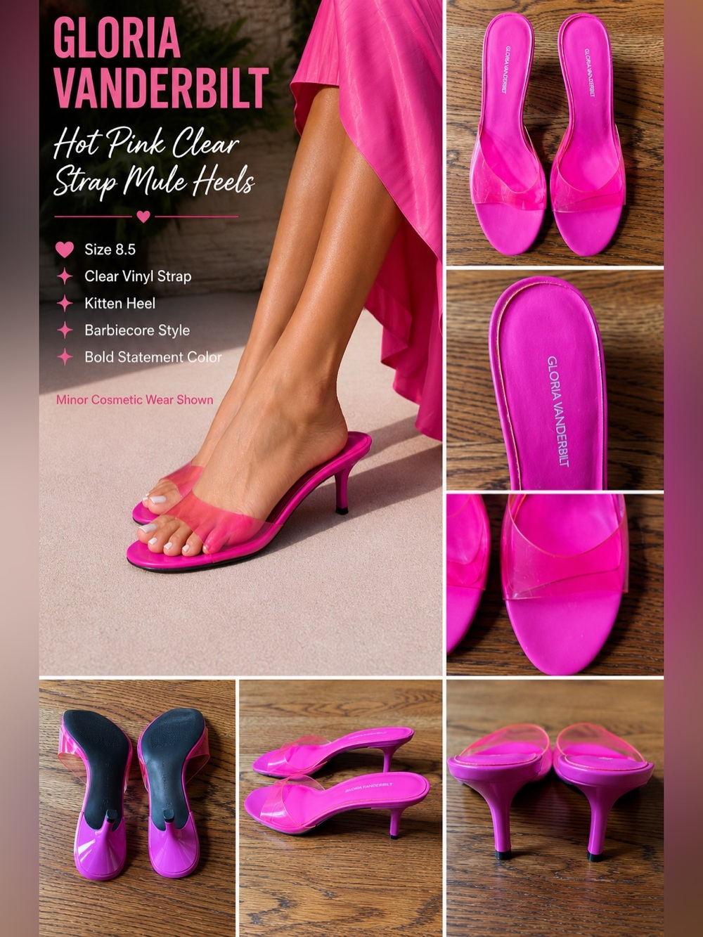 Gloria Vanderbilt Hot Pink Clear Strap Mule Heels Size 8.5 Barbiecore Y2K